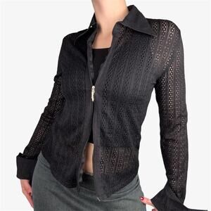 Cink’Me black sheer collared zip up long sleeve top french euro vintage - S